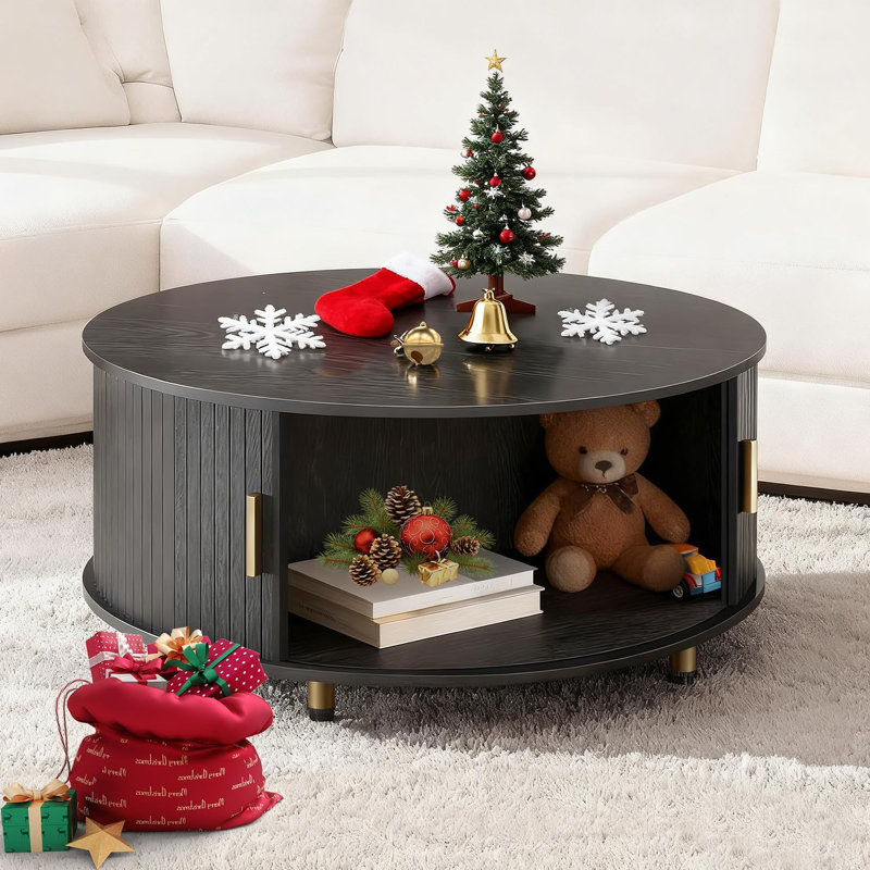 31.5'' Wooden Coffee Table, Round Coffee Table With Ample Storage For Living Room(Black), Black