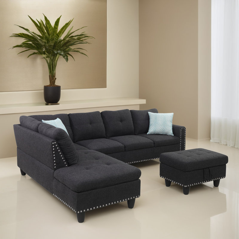 3 - Piece Left Hand Facing Sectional Sofa with Ottoman, Charcoal Grey Linen