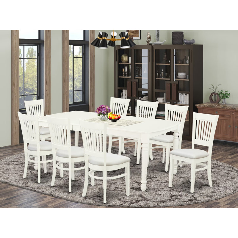 L'ensemble de table et chaises de cuisine 9 pièces comprend une table de salle à manger rectangulaire avec rallonge papillon et 8 chaises rembourrées en tissu de lin, 42 x 78 pouces, blanc lin