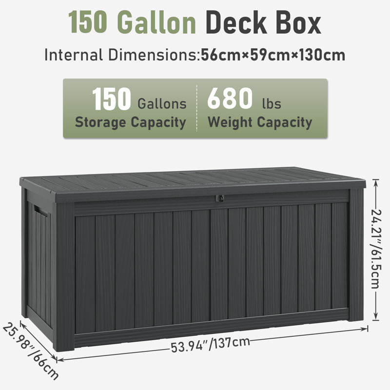 150 Gallon Large Outdoor Resin Deck Box, Storage Waterproof Boxes Lockable Lid, Black