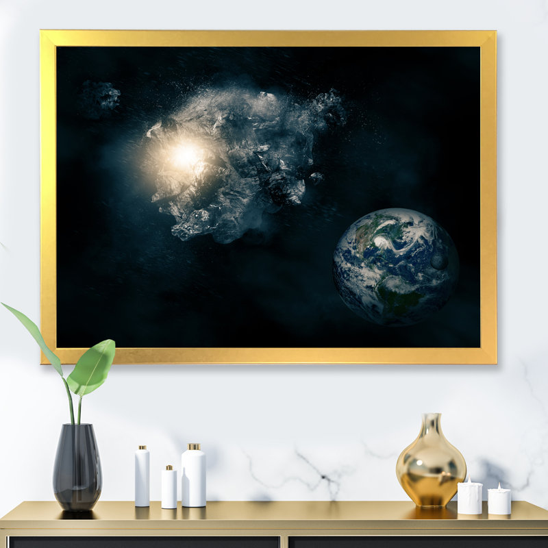 Asteroïd Space Art - Art mural moderne sur toile, H 40 po x l 30 po x P 1,5 po, Cadre doré