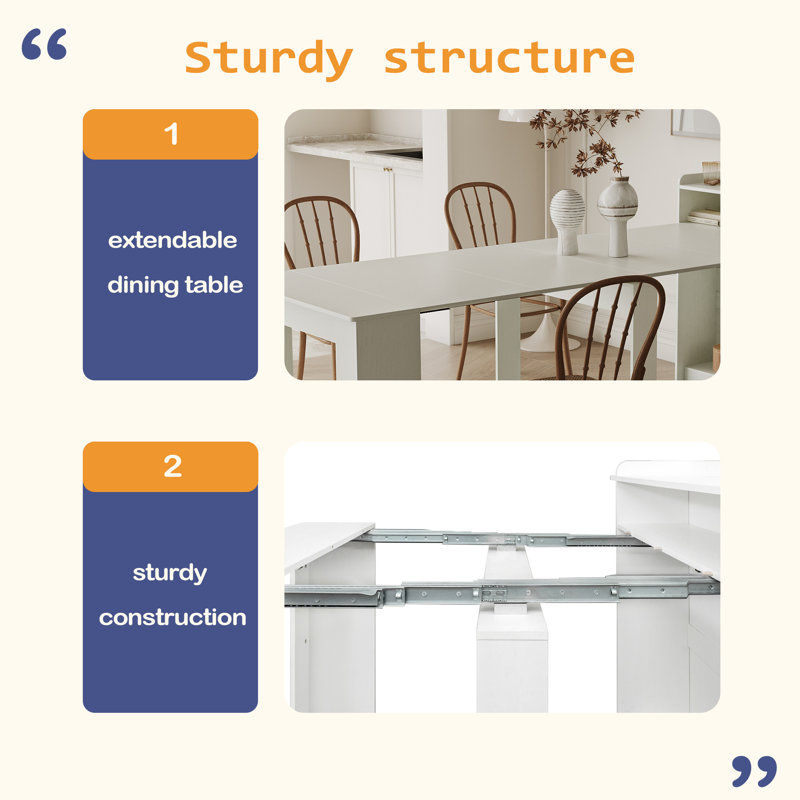 Solid Modern Modern Extendable Dining Table with Storage, 39.37" H x 98.43" W x 36.31" D, White