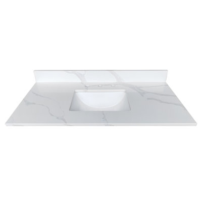 Comptoir de meuble-lavabo en quartz 43 po, lavabo central encastré, 4 dosserets hauts, 3 trous de robinet pré-percés, chaleur et teinture, blanc modernisé de 3/4 po d'épaisseur, bol simple, design luxueux
