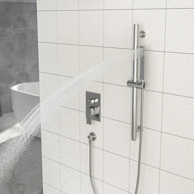 Brushed Nickel Shower With 12 Inch Square - Adjustable Slide Bar, -Balanced Valve & Handheld Element Wall Mounted In Content