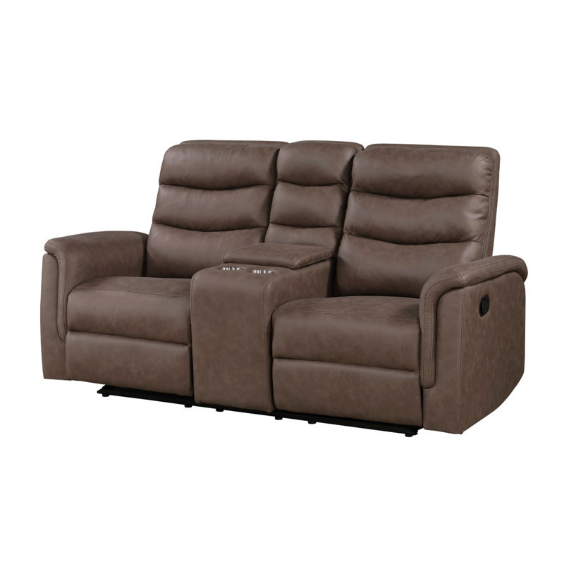 Canapé inclinable Meloni Glider deux places, console et supports, tissu brun, Microfibre / microsuède brun