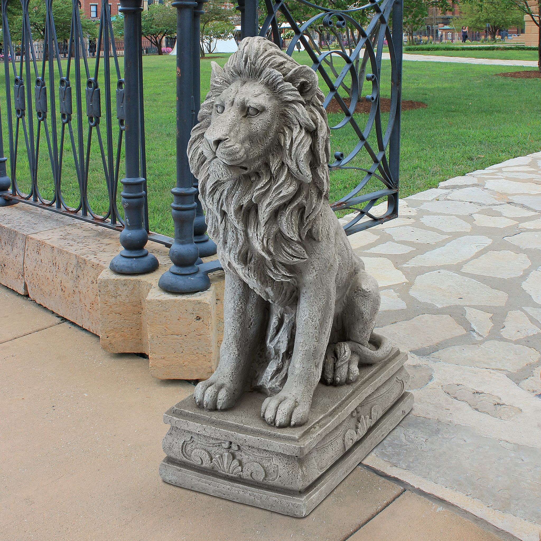 Two Sitting Lions Figures Concrete Right and Left Facing Lions 