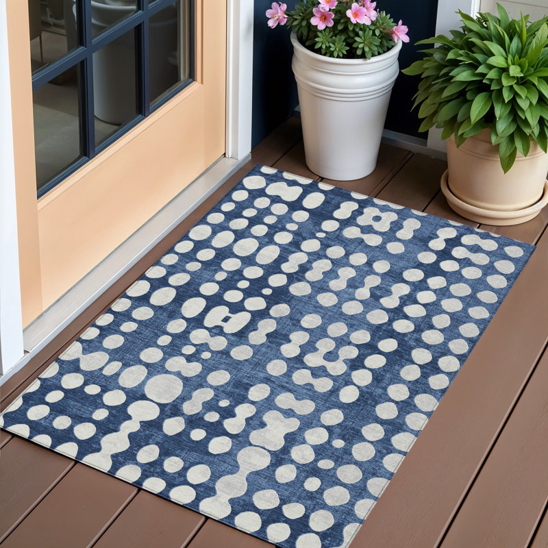 3' X 5' Navy Blue And Ivory Abstract Washable Indoor Outdoor Area Rug