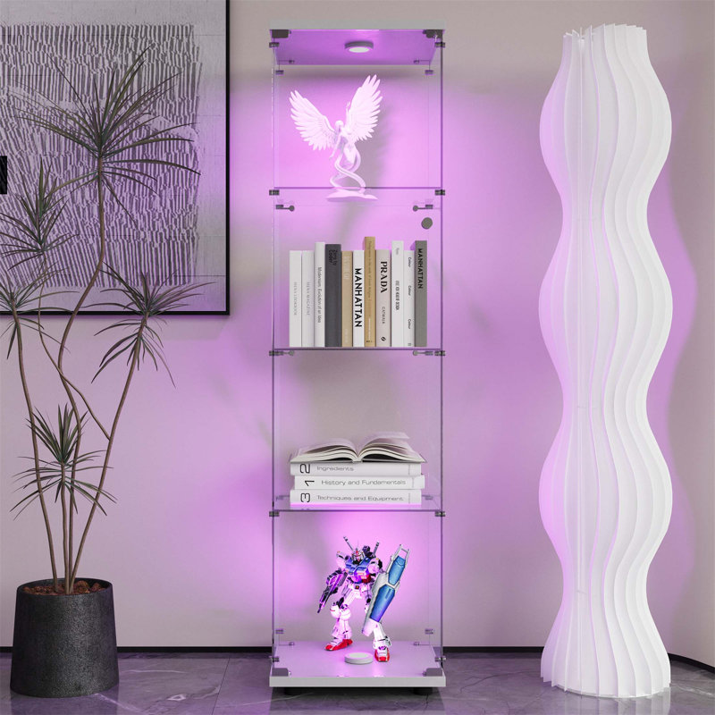 Stylish LED Glass Display Cabinet With 4 Shelves And Door,  For Showcasing Collectibles In Living Rooms And Bedrooms, White