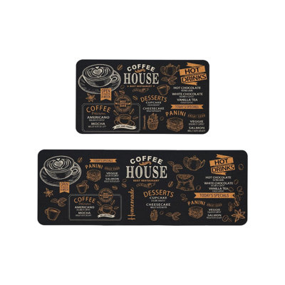 Ensemble de 2 tapis de cuisine à motif de croquis Coffee House, noir et brun