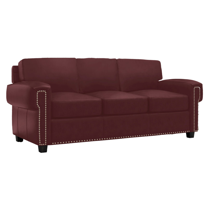  Fardin 87" Genuine Leather Square Arm Sofa, Wine Genuine Leather