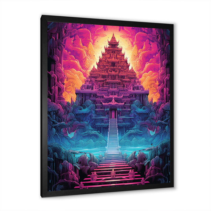 Temple bouddhiste thaïlandais, paysage de rêve spirituel sur toile, Cadre simple noir, H 44 po x l 34 po x P 1,5 po