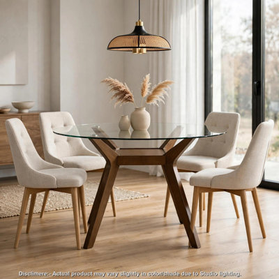 Table de salle à manger Ziva, plateau en verre rond de 48 pouces avec tablette, pieds angulaires, bois brun