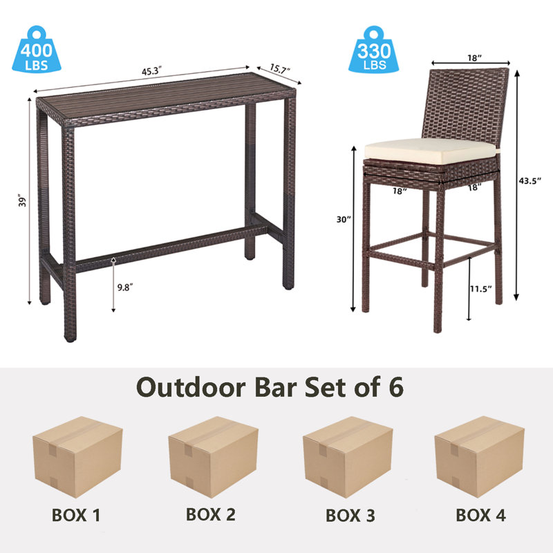 Outdoor Bar Set For Patio 6Pcs Outdoor Bar Tables And Chairs Set All Weather Bar Height High Top Outdoor Tables And Chairs Wicker Bar Stools Set Of 4 Tall Patio Table For Outside Balcony Brown (Beige)