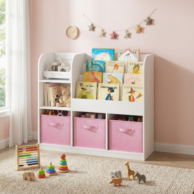 Rangement pour jouets d'enfants avec tablette, bibliothèque en bois avec 3 bacs amovibles en tissu, meuble à jouets à plusieurs compartiments pour salle de jeux, chambre d'enfant
