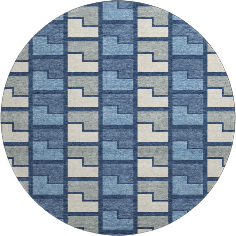 Premium Machine Washable Mayfield AMF2417 Geometric Rug, Navy, 8' Round