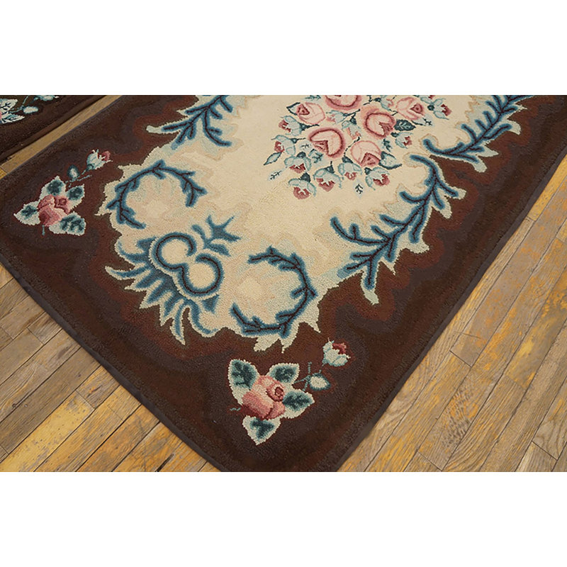 Pair Of Ivory European Influenced Floral Inlay Antique Small American Hooked Rugs