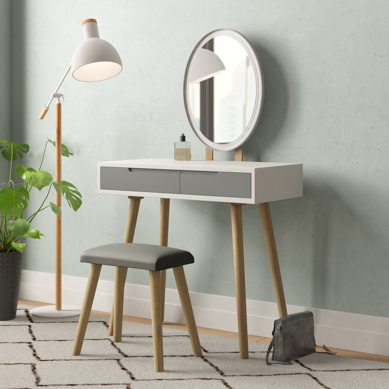 Angeligue Vanity Table Set with Adjustable Brightness Mirror and Cushioned Stool, Gray