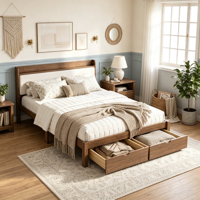 Lit plateforme avec tête de lit de rangement et 2 tiroirs au pied du lit, cadre de lit rembourré à lattes (sans sommier tapissier), taille standard, noyer