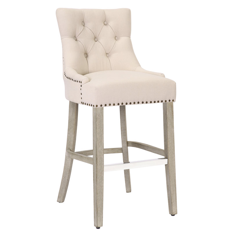 Linen Fabric Tufted Upholstered Counter Stool, Beige Linen/Antique Gray Frame, Bar Stool (29” Seat Height)