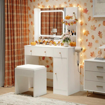 Vanity Desk, Vanity Mirror with Lights LED Touch Dimming 3 Colour Modes, Makeup Vanity with Power Outlet 2 AC 2 USB, Vanity Table with 2 Drawers Cabinet Open Shelves Hair Dryer Holder Stool