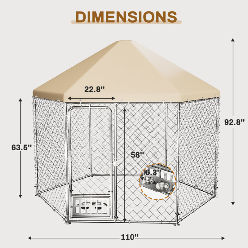 Chenil d'extérieur pour chien avec toit, grand chenil avec bols pour chien, enclos extérieur pour niche avec verrou sécuritaire (9,2 x 8 x 7,7 pi)