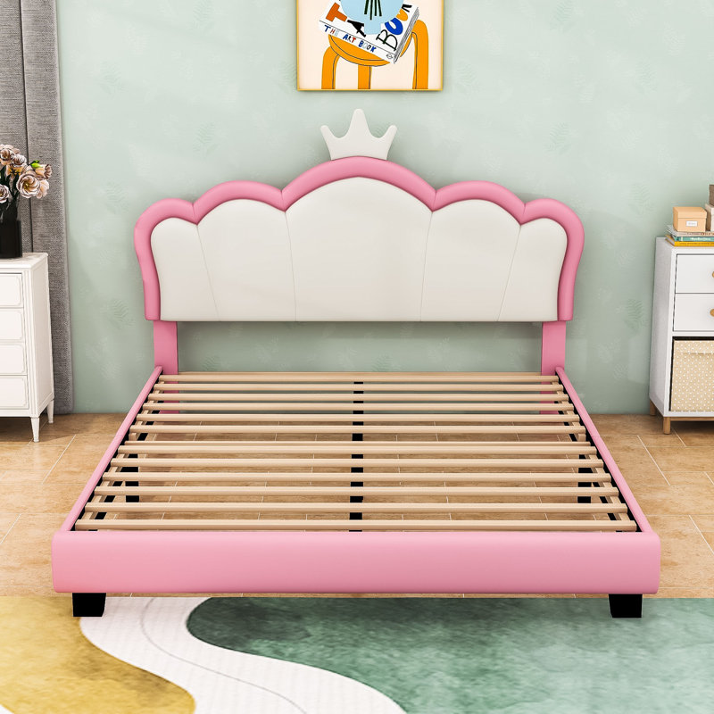 PU Upholstered Platform Bed with Crown Headboard, Full, Pink