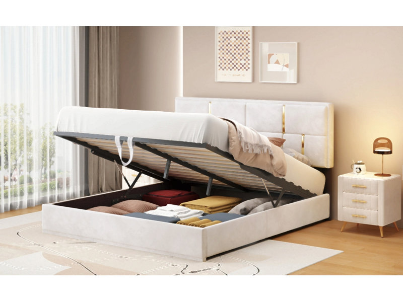 Grand lit plateforme tapissier avec système de rangement hydraulique, Beige