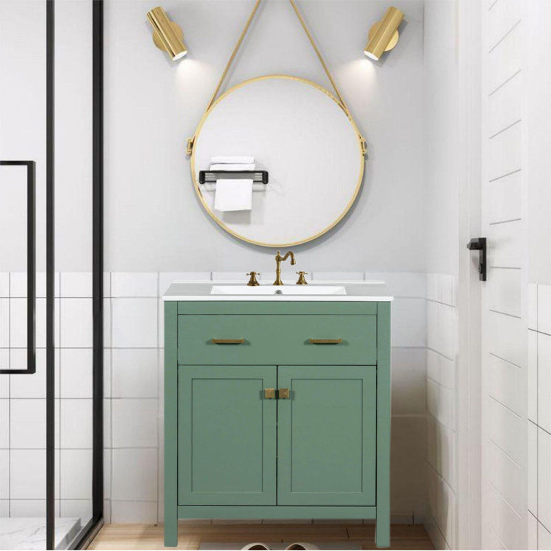 Meuble-lavabo moderne 30 po avec lavabo en céramique, Vert/doré