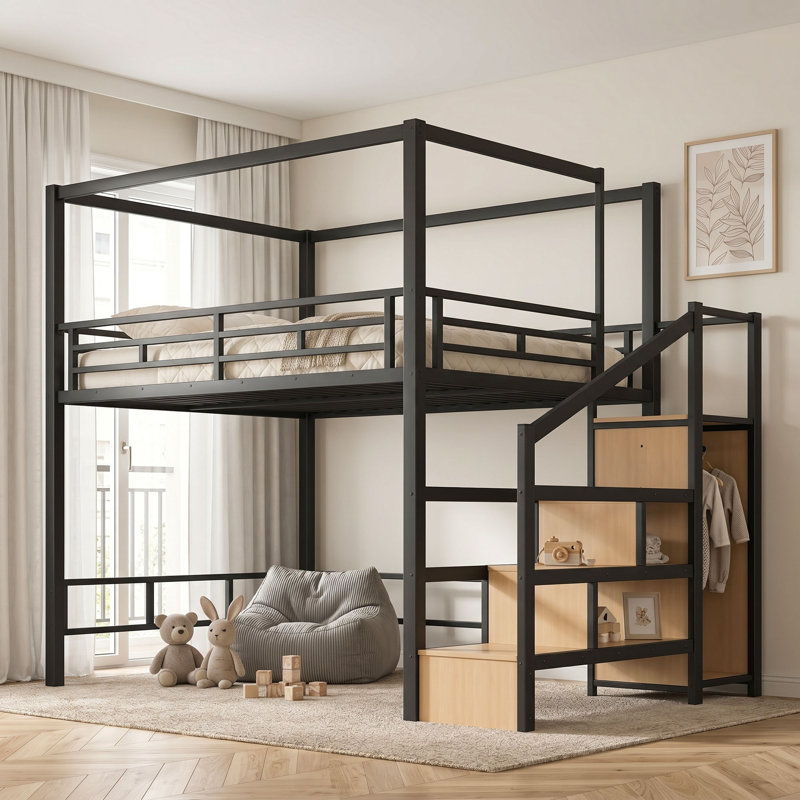 Lit mezzanine avec escalier de rangement et garde-robe, Grand lit