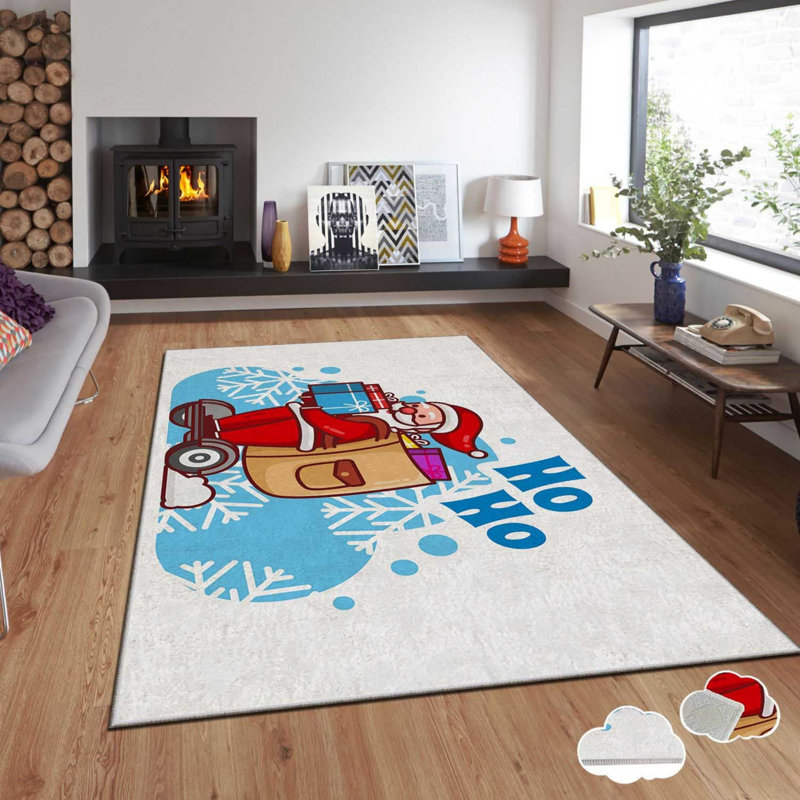 Tapis rectangulaire tissé à la machine en polyester bleu / rouge / blanc Brousseau, Rectangle 2 pi 7 po x 4 pi 7 po