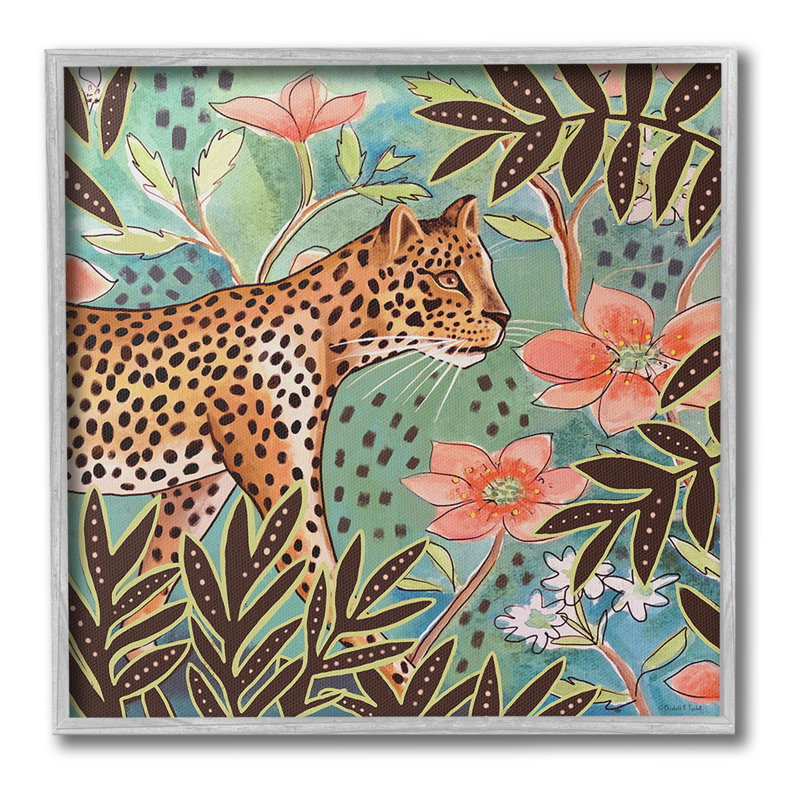 Léopard et fleurs de la jungle, estampe numérique encadrée par Elizabeth Tyndall, Gris, H 17 po x l 17 po