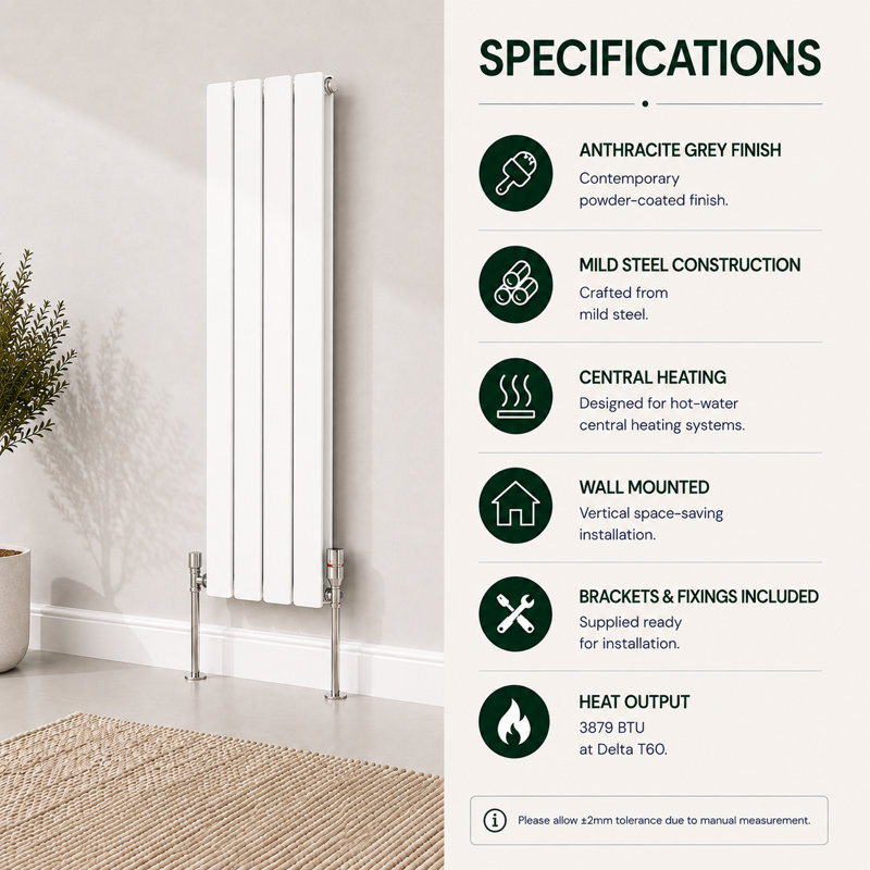 Peter Vertical Flat Double Panel Radiator, White, 1800mm H x 475mm W