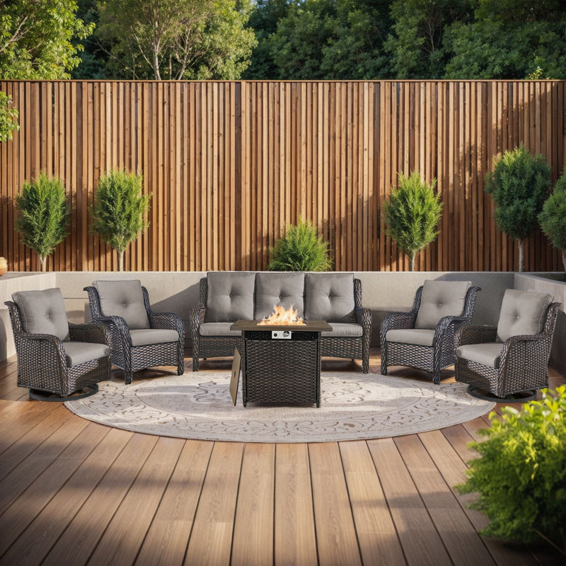 Wendye 6-Piece Wicker Patio Furniture Set With Rattan Chairs, Fire Pit & Sofa, Gray, Brown