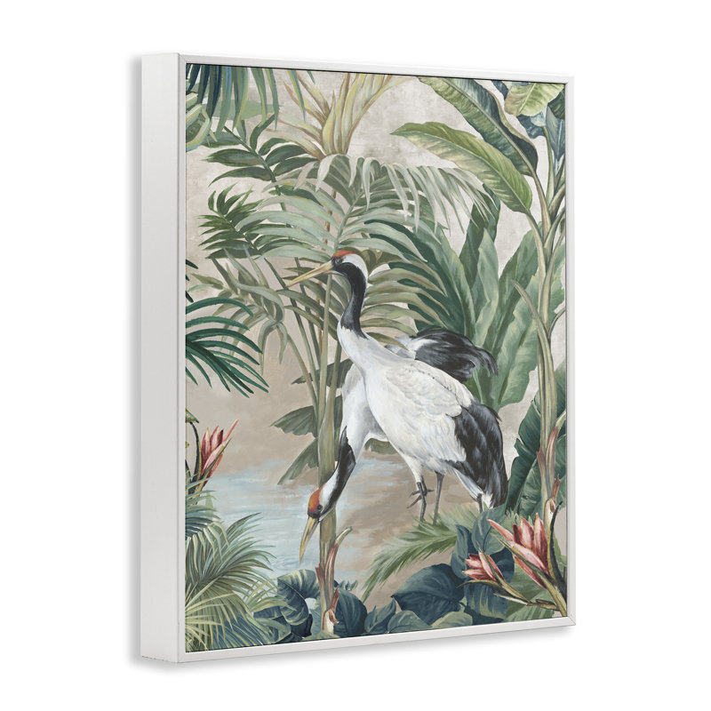 Tropical Oasis Cranes, art de la giclée encadrée par Eli Jones, Giclée encadrée blanc bord de mer, H 20 po x l 16 po