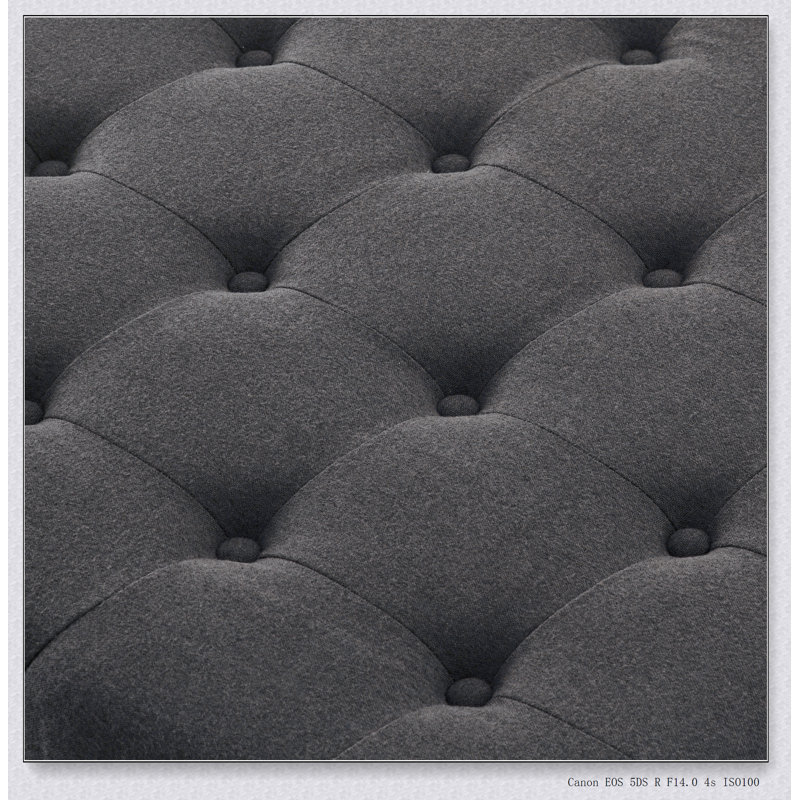 Grand repose-pieds de rangement carré avec pieds en bois, table basse capitonnée à boutons, Gris foncé