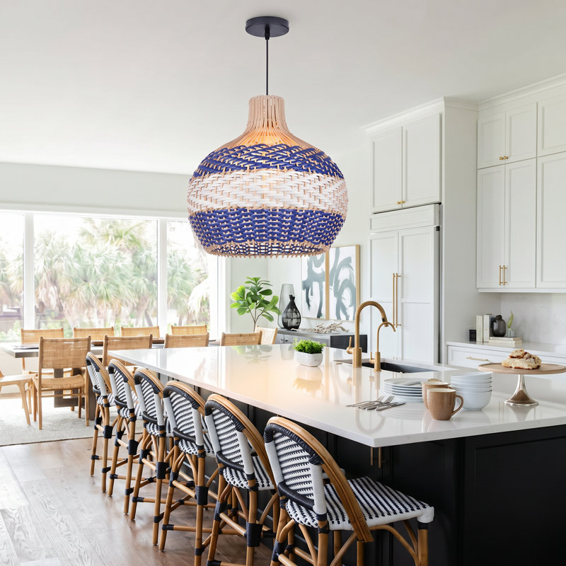 Luminaire suspendu en rotin tissé à la main bleu et blanc, plafonnier suspendu en osier de style bord de mer Boho