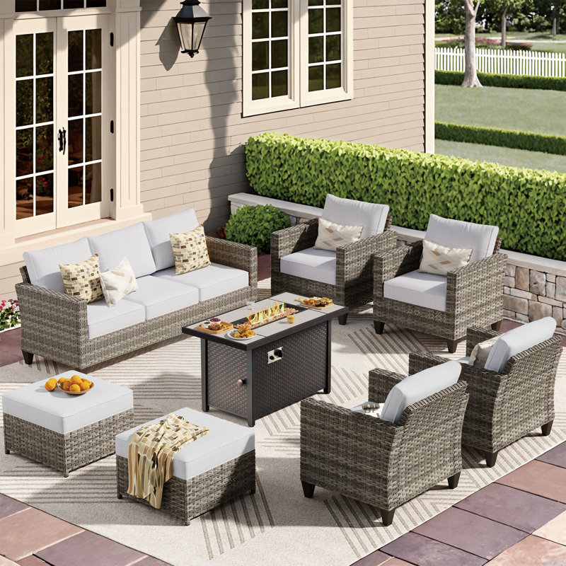8 - Person Patio Furniture Set , Outdoor Wicker Rattan Seating Group With Cushions, All Weather Sofa Conversation Set With Fire Pit Table For Garden Backyard