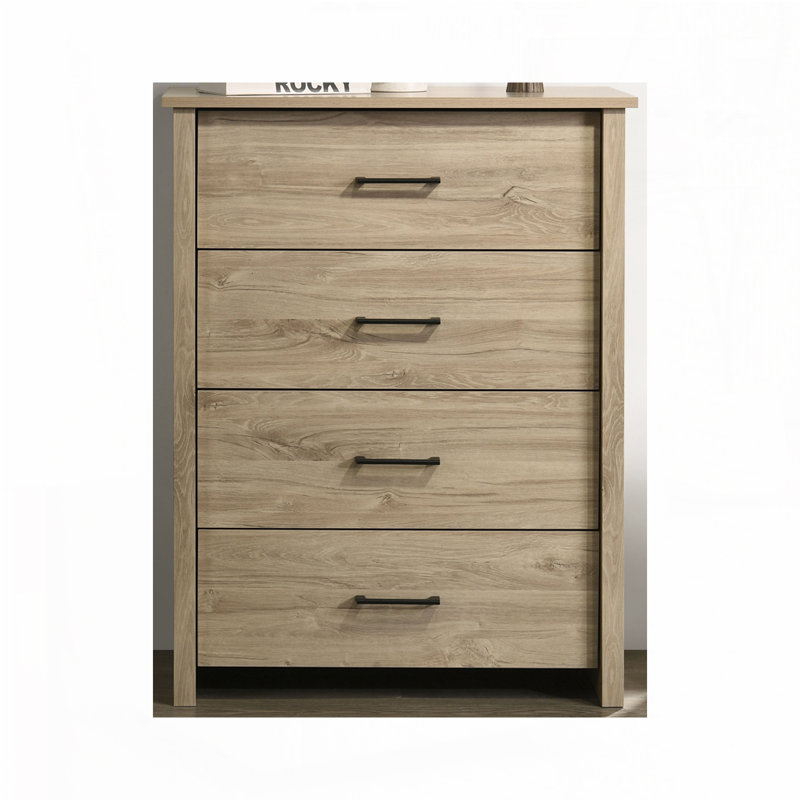Commode en bois avec 4 tiroirs et poignées en métal, Chêne clair