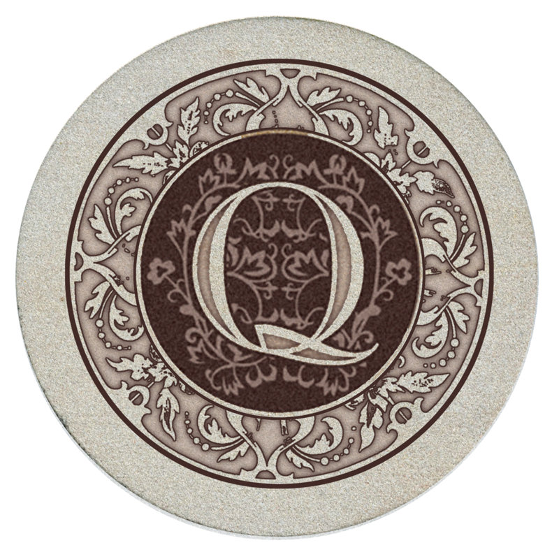 Ophelia & Co. 4 Pack Monogram Sandstone Coasters in Bronze Iron Ram Coaster Holder, Q