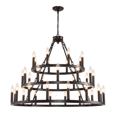 Lustre en roue de chariot à 3 niveaux de 40 po avec 36 lumières noires pour salon et vestibule à plafond haut