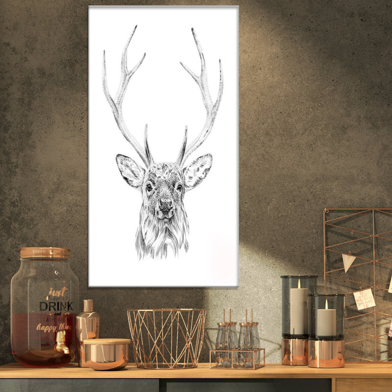 Cerf en noir et blanc - impression sur toile tendue, H 32 po x l 16 po x P 1 po