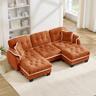 Chenille Cloud U-Shaped Sofa With 4 Pillows, Movable Ottoman Pom-Pom Trim Quilted Tufted Cushion Ergonomic Design, Easy Assembly Deep Seat Couch For Living Room Office, Apartment