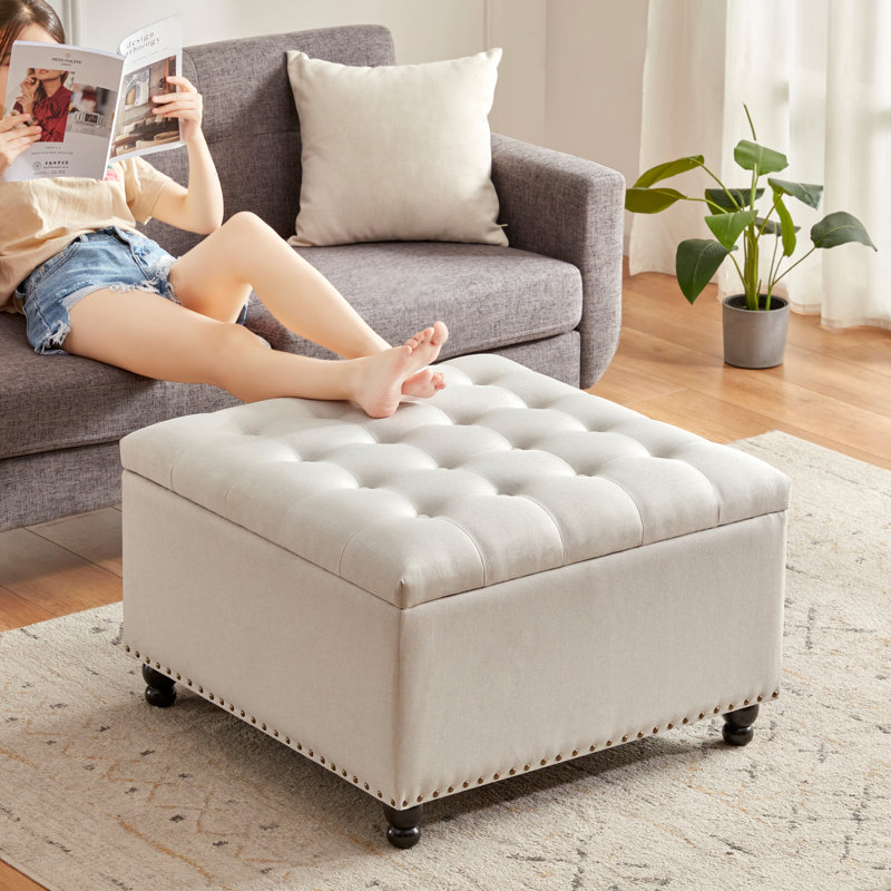 Repose-pieds carré avec rangement Arshi, Mélange de lin beige