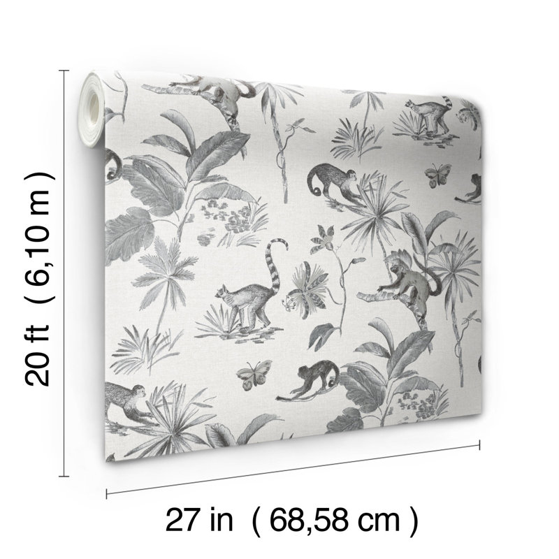 Botanicals & Lemurs Peel And Stick Wallpaper, Grey