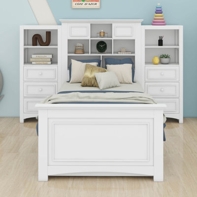 Lit plateforme simple avec tablettes de rangement et 8 tiroirs, cadre de lit en bois avec armoire verticale tout-en-un
