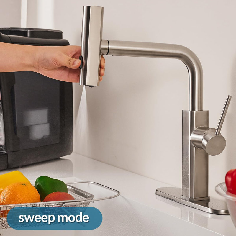 Robinet de cuisine moderne en acier inoxydable avec douchette extractible 3 modes de débit, Nickel poli