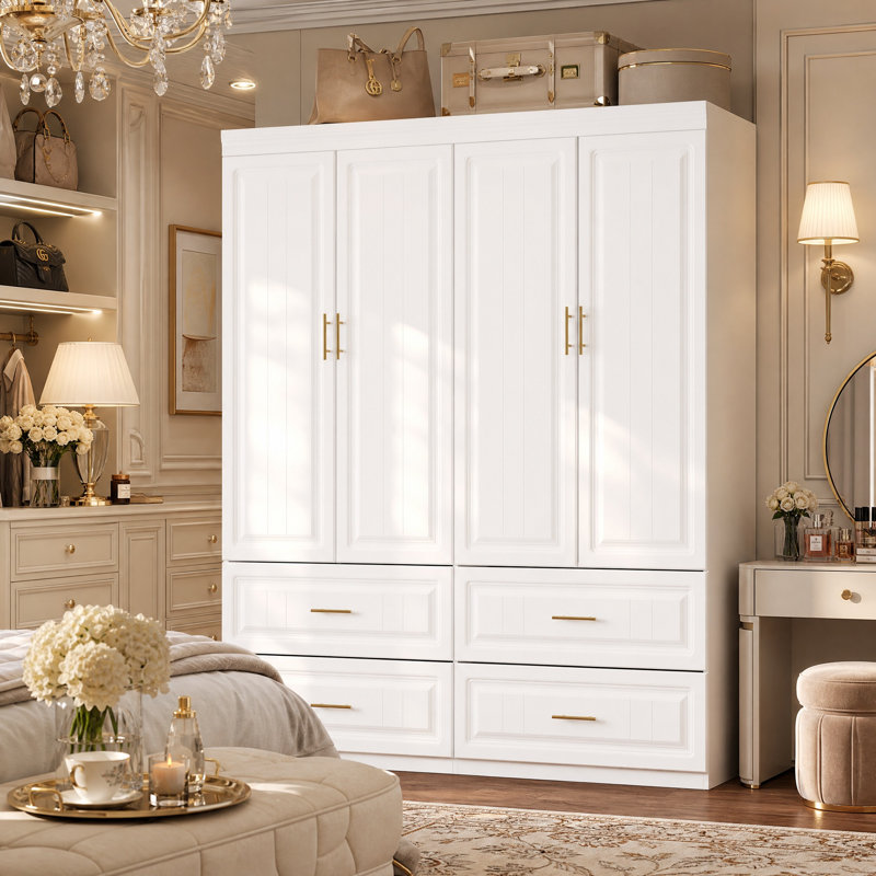 63" W 4-Door Wardrobe Armoire with 4 Drawers, Hanging Rod & Interior Shelves