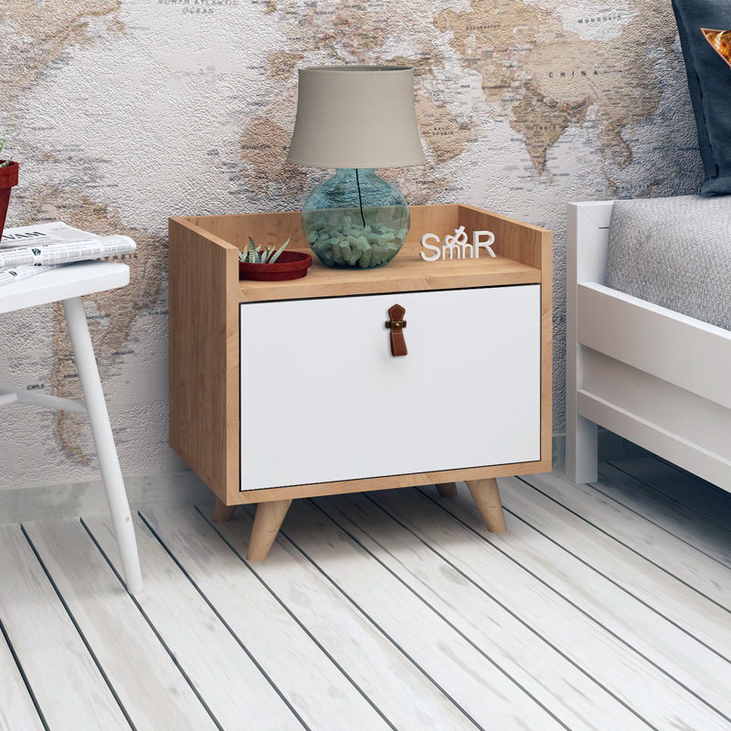 Cheyenne 50cm W Manufactured Wood Bedside Table, White/Walnut