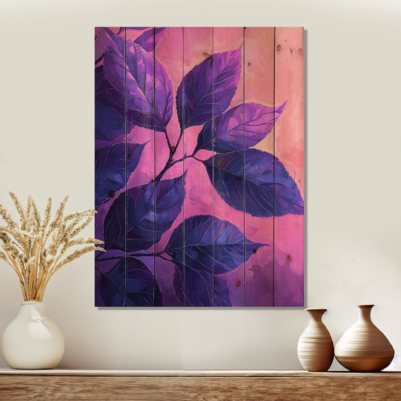 Plum Leaves Evening Collage III - Impression sur bois de feuilles - sur bois de pin naturel, H 40 po x l 30 po x P 0,78 po