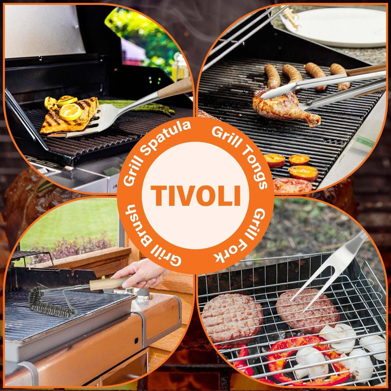 LIFETIME FLOORING LLC Grill Set 4PC BBQ Tools Set Grill Accessories With BBQ Spatula, BBQ Clips, Brushes, BBQ Forks Heavy Duty Grill Kit Grill Tools For Outdoor Grill With Wood Handles Gift Ideas For Dad Man